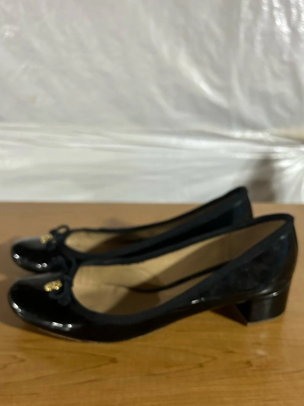 Tory Burch Black Patent Low Block Heel Pumps with Gold Logo